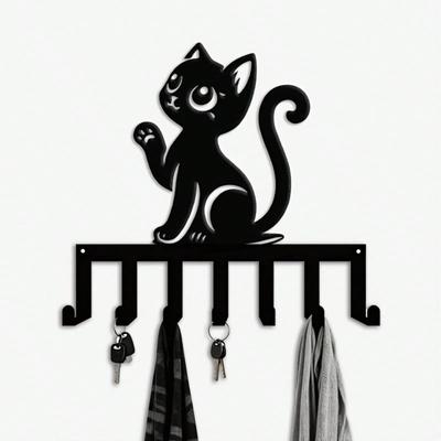 Modern Cat Key Holder Wall Mounted Metal Hanger with 7 Hooks, Ideal Gift for Cat Lovers, Entryway Bedroom Decor