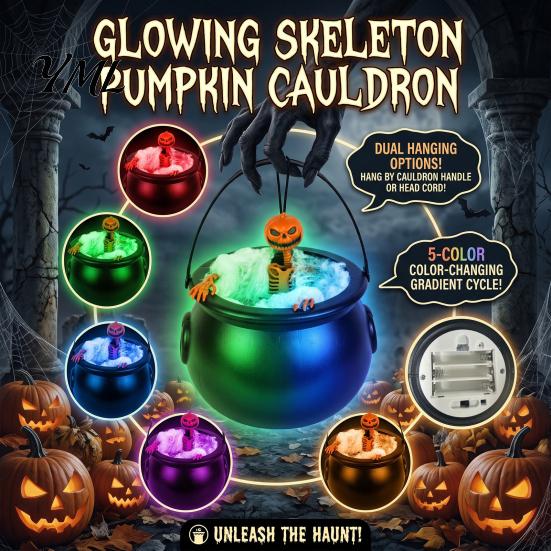 Five Color Gradient Lights Halloween Cauldron Light, Changing Glowing Pumpkin Skull Hanging Tabletop Decorations Decor, Spooky Yard Prop for