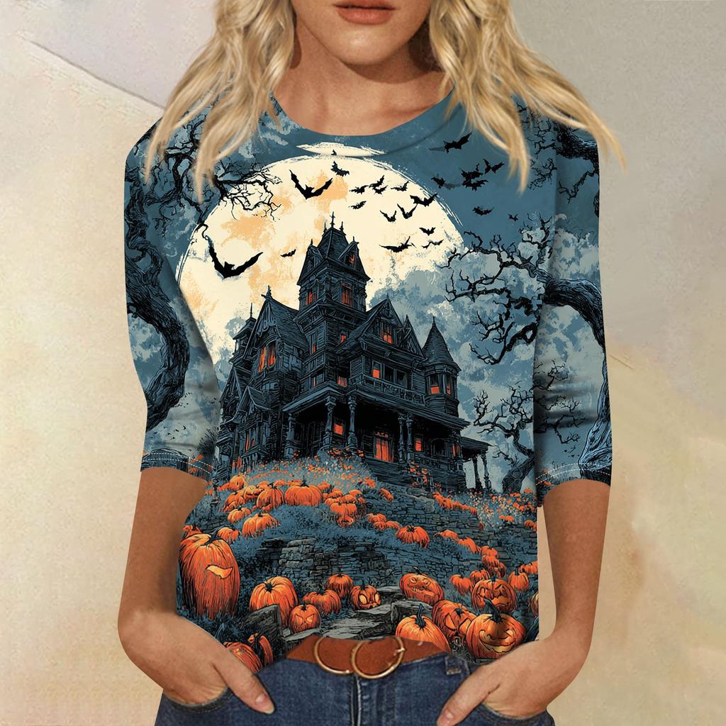 Women's Casual Round Neck Three Quarter Sleeve Halloween Print T Shirt Top Lightweight Soft Fabric Comfortable Fit