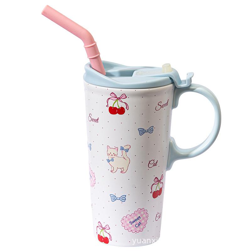 

Cute Cartoon Cat Ceramic Straw Cup Large Capacity Coffee Cup with Lid Drinking Cup Office Household Milk Cup 520ml