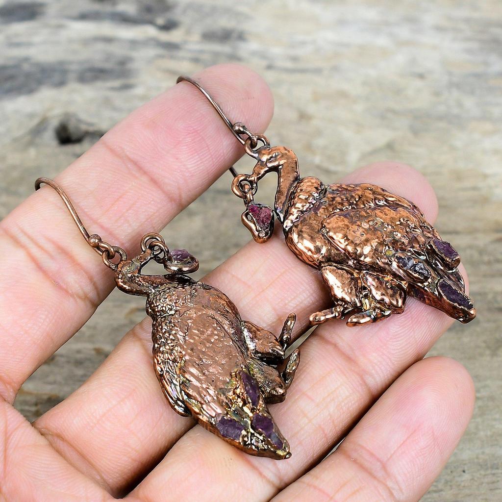 Pink Tourmaline Rough Gemstone Earring Electroformed Copper Earring Peacock Earrings Copper Jewelry Gifts for Mom Handmade Brand New Earring
