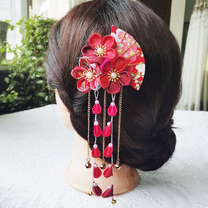 Japanese Kimono Handmade Fabric Flower Folding Fan Hair Accessories Clip Tassel Headwea Headdress Barrette Yukata Festvial Deco