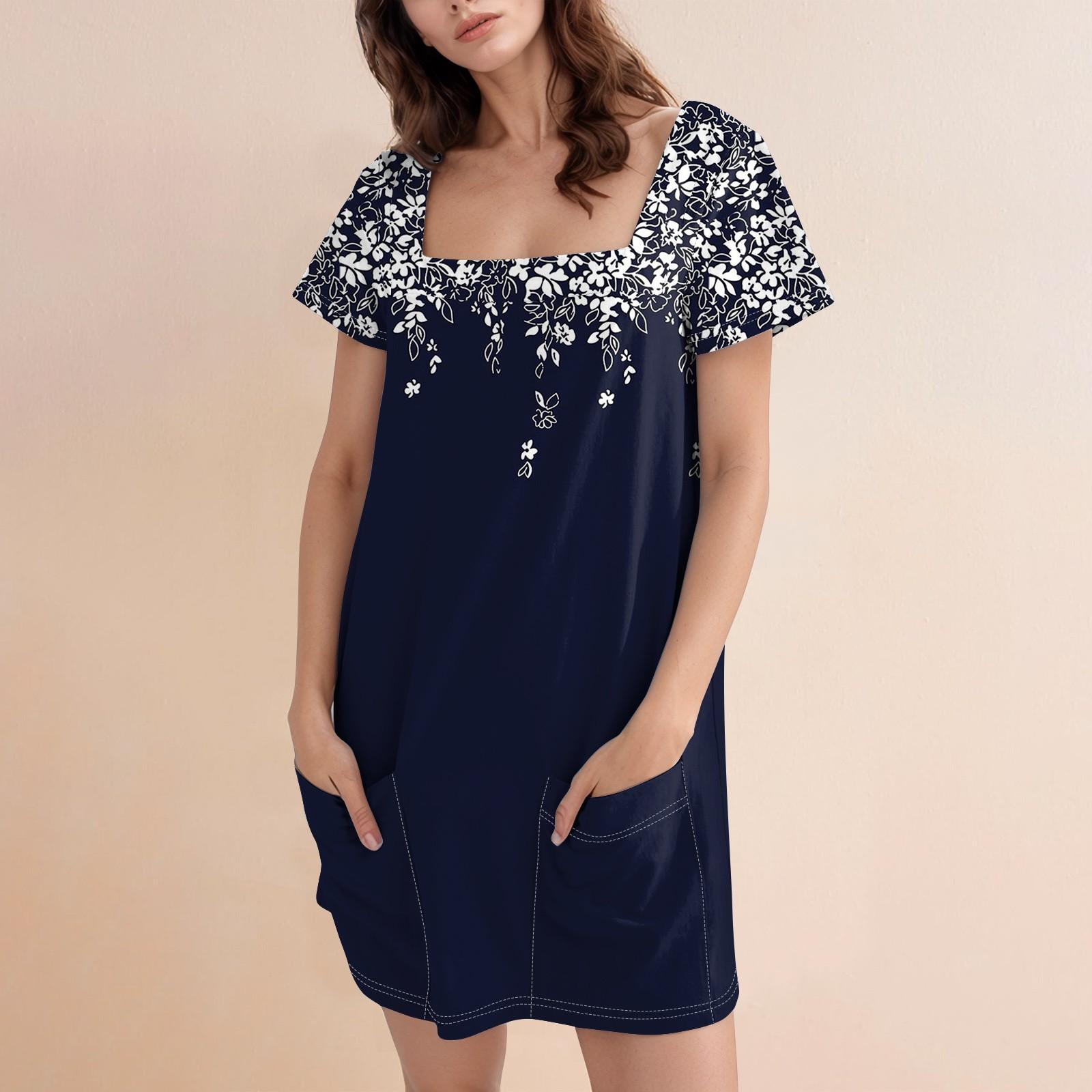 

Женская модная юбка с квадратным воротником и коротким рукавом, повседневное платье с цветочным принтом и карманом S чёрный