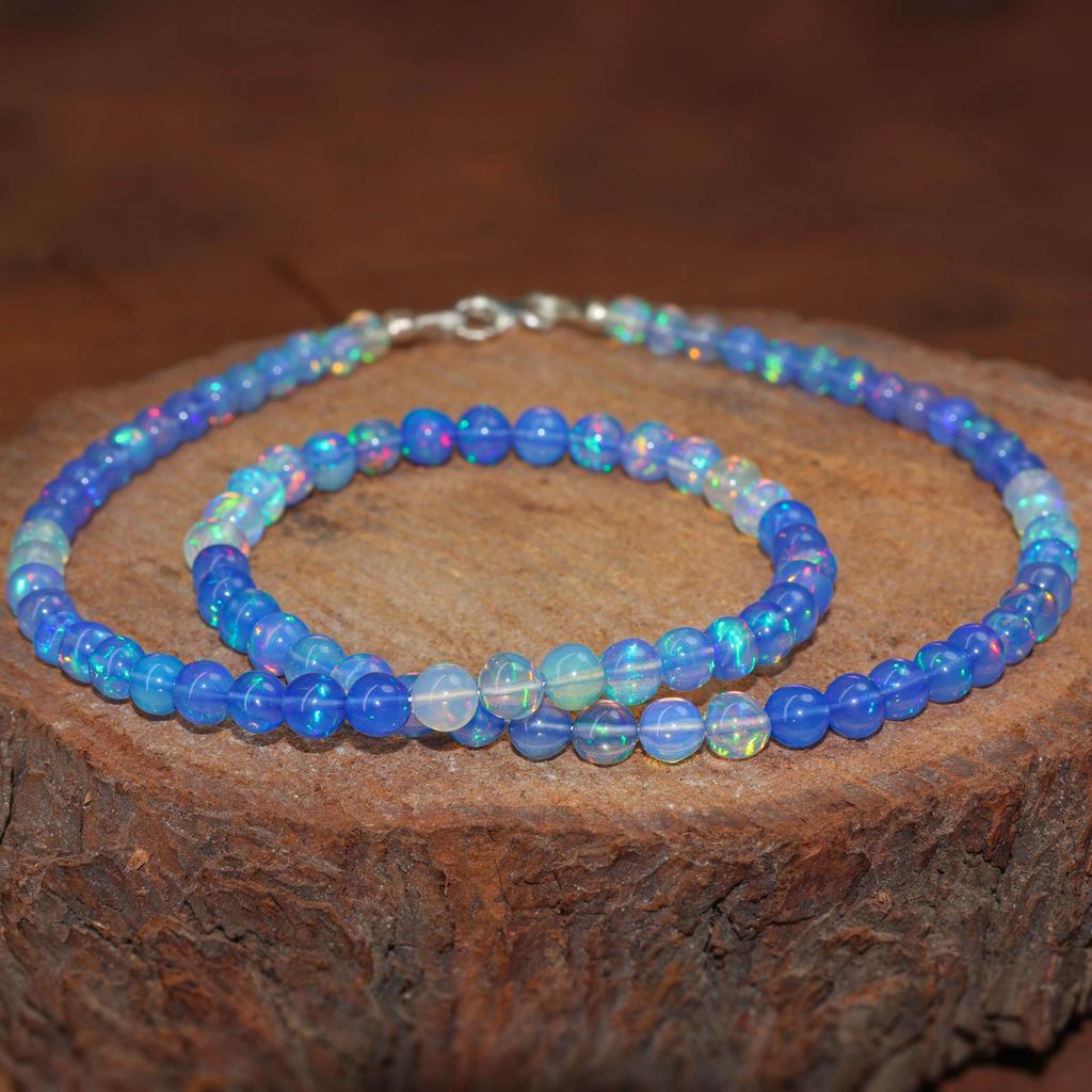 Natural Blue Shaded Opal Gemstone Beads Necklace, Ethiopian Blue Opal Beaded Necklace, Handmade Necklace for Women, Birthstone Gift for Her