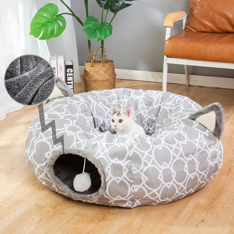 LUCKITTY Geometric Straight Cat Tunnel with Plush Inside,Cats Toys Collapsible Tunnel Tube with Balls, for Rabbits, Kittens, Ferrets,Puppy, Diameter