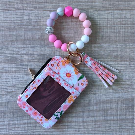 Ladies Floral Wristlet Wallet Boho Style Coin Purse Keychain with Tassel Elastic