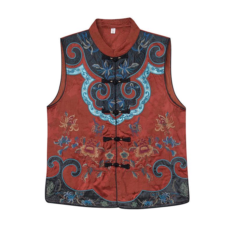 2025 Spring Ethnic Sleeveless Embroidered Cardigan Vest with Frog Buttons and Stand Collar for Women