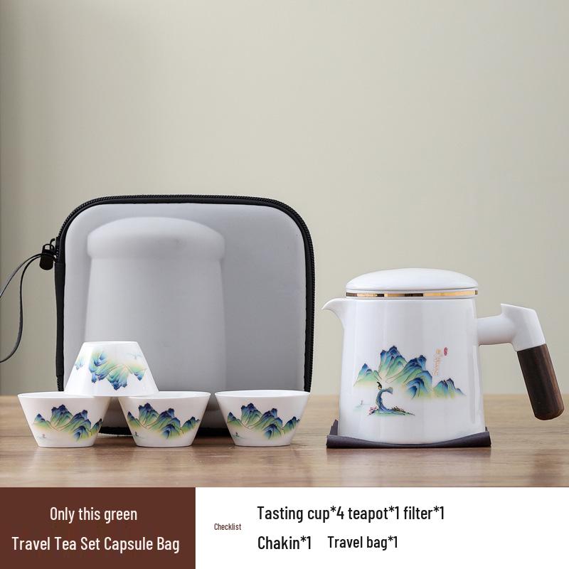 Ceramic Quick Cup Tea Set: Portable One-Pot, Four-Cup, Tea Caddy & Tray for Business Travel or Souvenir.