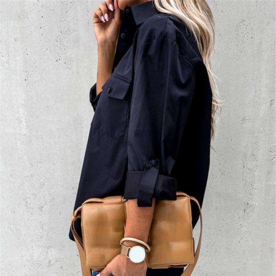 Umlegekragen Einreiher Langarm Klappentaschen Damenhemd High-Low Saum Seitenschlitz Locker geschnittenes Hemd Damenbekleidung