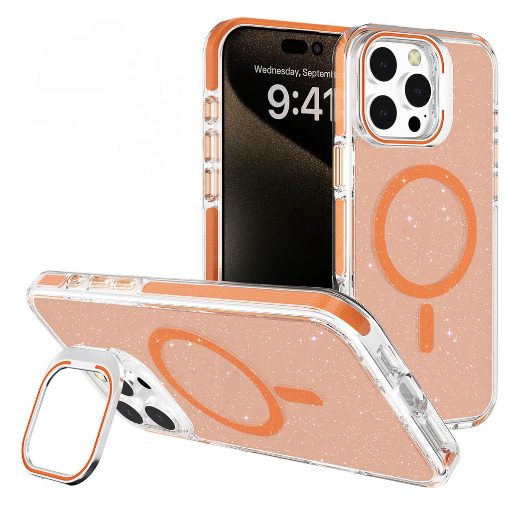 For iPhone 16 Pro Case Compatible with MagSafe Lens Kicktand Glitter PC Phone Cover