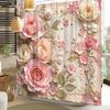 1Pc Vintage Floral Shower Curtain, Polyester Woven Fabric With Pink And Beige Roses Lace Design, Romantic Bathroom Decor, Washab