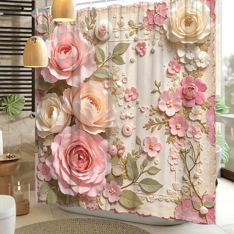 

1Pc Vintage Floral Shower Curtain, Polyester Woven Fabric With Pink And Beige Roses Lace Design, Romantic Bathroom Decor, Washab W60H190(CM)-1 Pcs