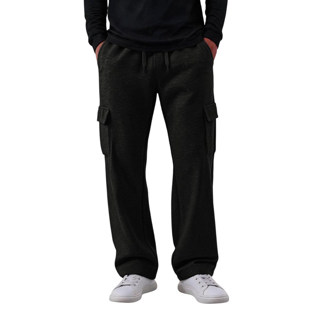 Men's Casual Cargo Pants with 4 Pockets, Elastic Waist with Drawstring, Loose Fit Straight Leg Pants for Everyday Wear