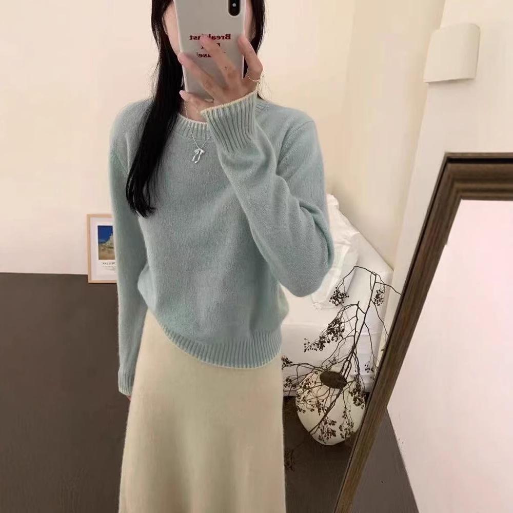 Women's Grey Merino Wool Round Neck Sweater - European Style Cashmere Knit Base Layer for Autumn/Winter