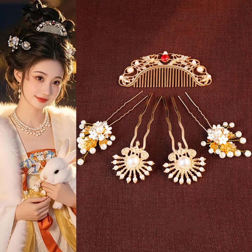 1 Set Chinese Style Ancient Hair Stick Pearl Flower Hair Comb Vintage Hanfu Hair Accessories  Women