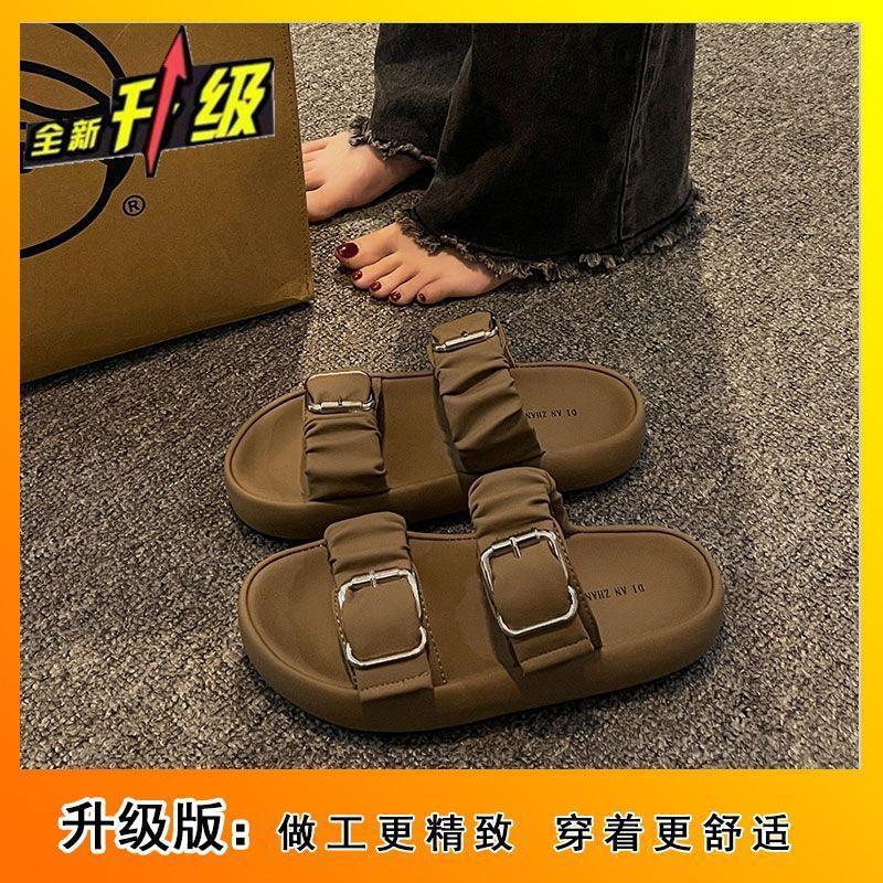 

New trendy buckle non-slip flat bottom versatile beach one-word drag women 2025 summer wear thick-bottomed muffin slippers women 40
