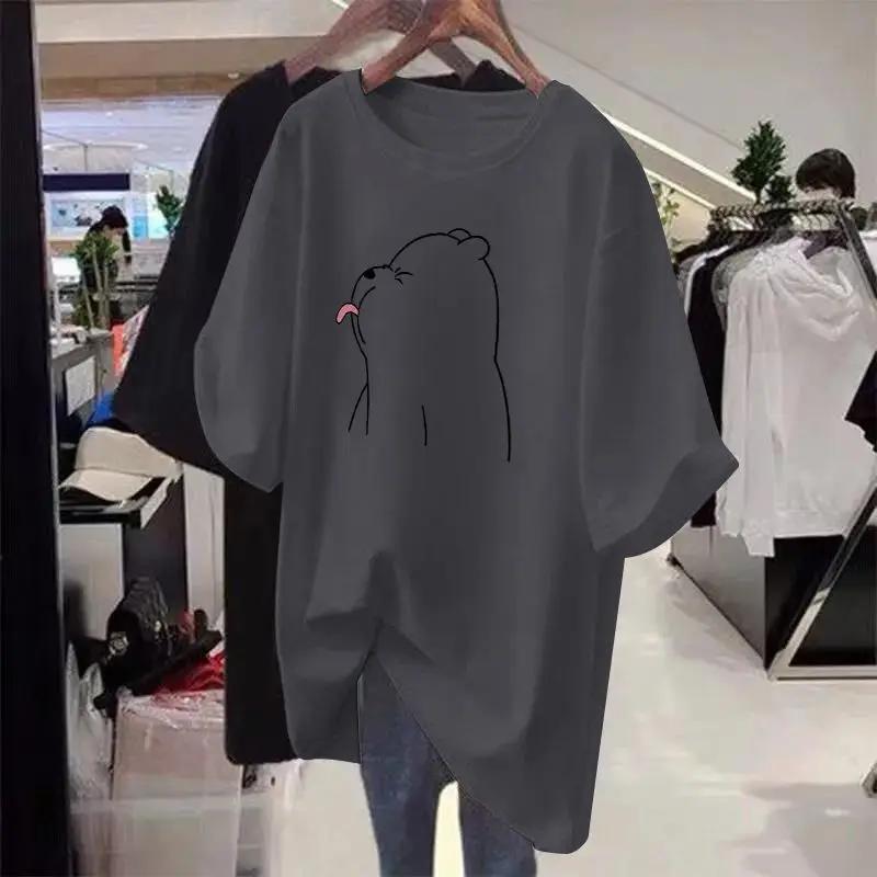 Loose women's cartoon printed T-shirt, round neck sweater, basic, casual, short sleeved, pure cotton