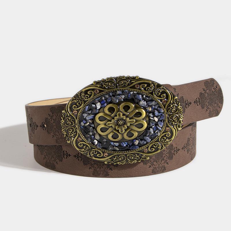 "European and American Women's Retro Turquoise Embossed Belt - Western Style Fashion Accessory"