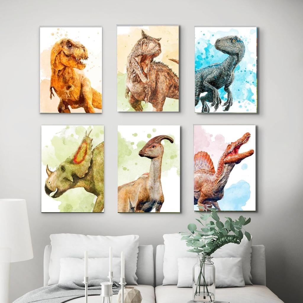 Dinosaur Poster T-Rex Print For Kids Decor Vintage Dinosaur Canvas Wall Art For Modern Family Decor (8×12 inch,Set of 6, Unframed)