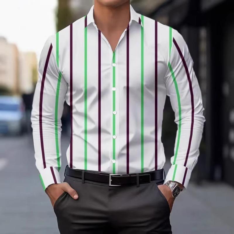 

Men Vertical Striped Long Sleeve Button Down Slim Fit Dress Shirt S зелёный