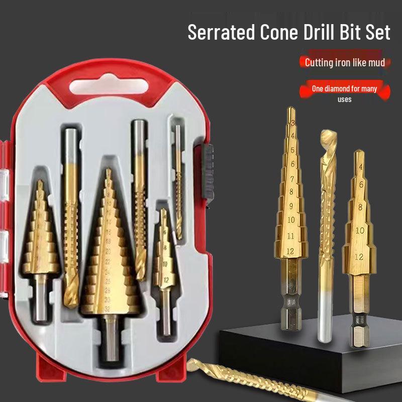 6-Piece Titanium Coated Serrated Step Drill Bit Set - Rustproof, Durable, High-Efficiency Twist Hole Opener.