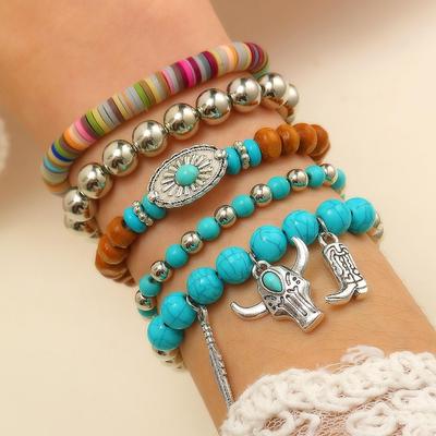 Boho Türkis-Holz-Perlenarmband für Damen und Herren