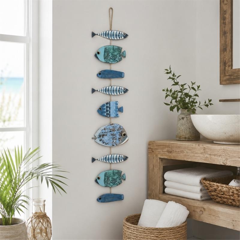 Fish Wall Hanging Sign Coastal Decors, Painted Wood Accent Sculpture with Distressed Finish for Bedroom Entryway Living Room