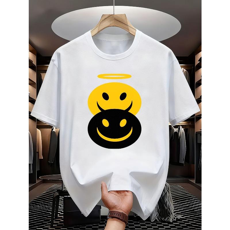 Men'S Funny Angel & Demon Graphic T-Shirt - Dual-Sided Smiling Face Design, Lightweight Breathable Fabric for Gym, Cosplay, Everyday Streetwear