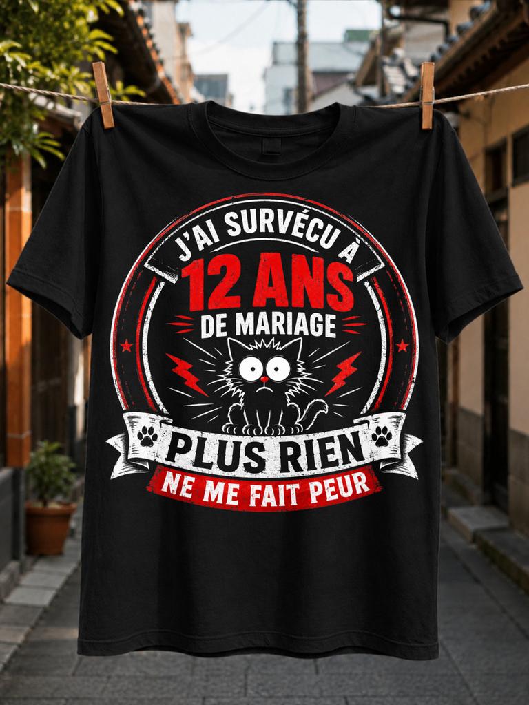 Jai Survecu A 12 Ans De Mariage Plus Rien Ne Me Fait Peur Graphic Wideeyed Cat In Distressed Unisex All TShirt