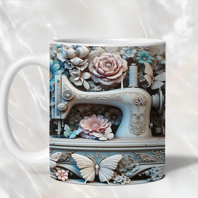3D Painting Sewing Machine Sewing Machine Ceramic Coffee Mugs Books Water Mugs Books