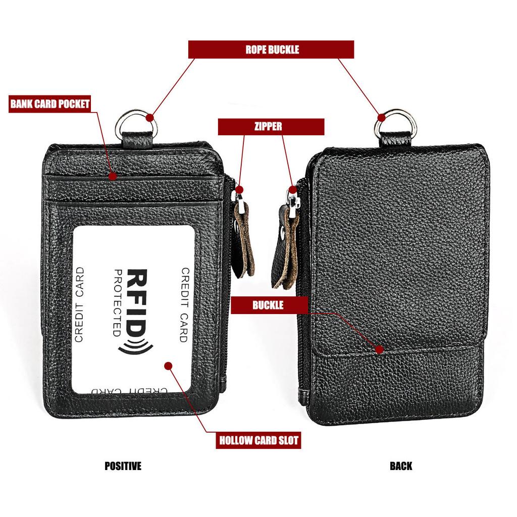 Genuine Leather RFID Blocking Badge Holder Stylish Office ID Case for Women Men Employee Work Card Pouch Business Essential Accessory with Lanyard