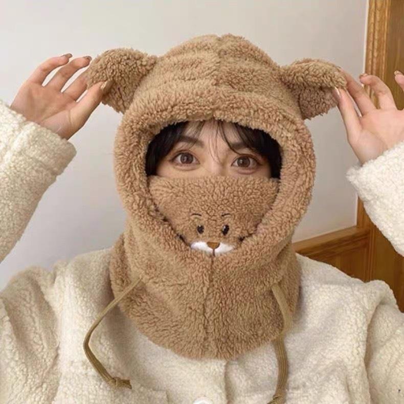 New Lamb Wool Mask Hat Women's Winter Scarf Integrated Cute Bear Ear Protection Warm Ski Hat
