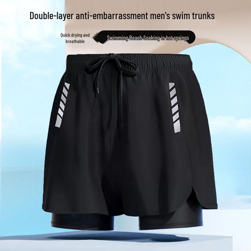 Men's Quick-Drying Double-Layer Printed Swim Trunks - Large, Loose Fit, Anti-Embarrassment, Professional Swimsuit