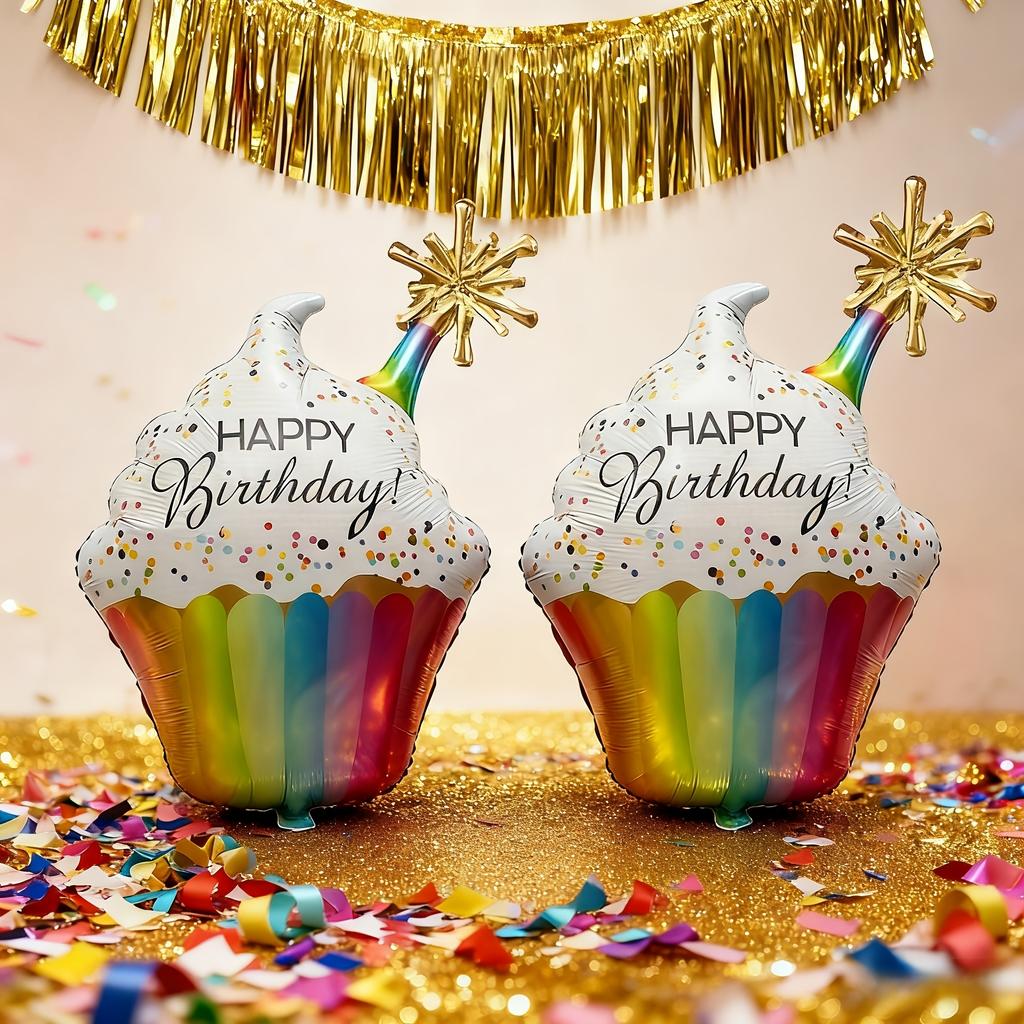 2Pcs Happy Birthday Rainbow Paper Cup Cake Shaped Aluminum Foil Balloon Birthday Party Decoration