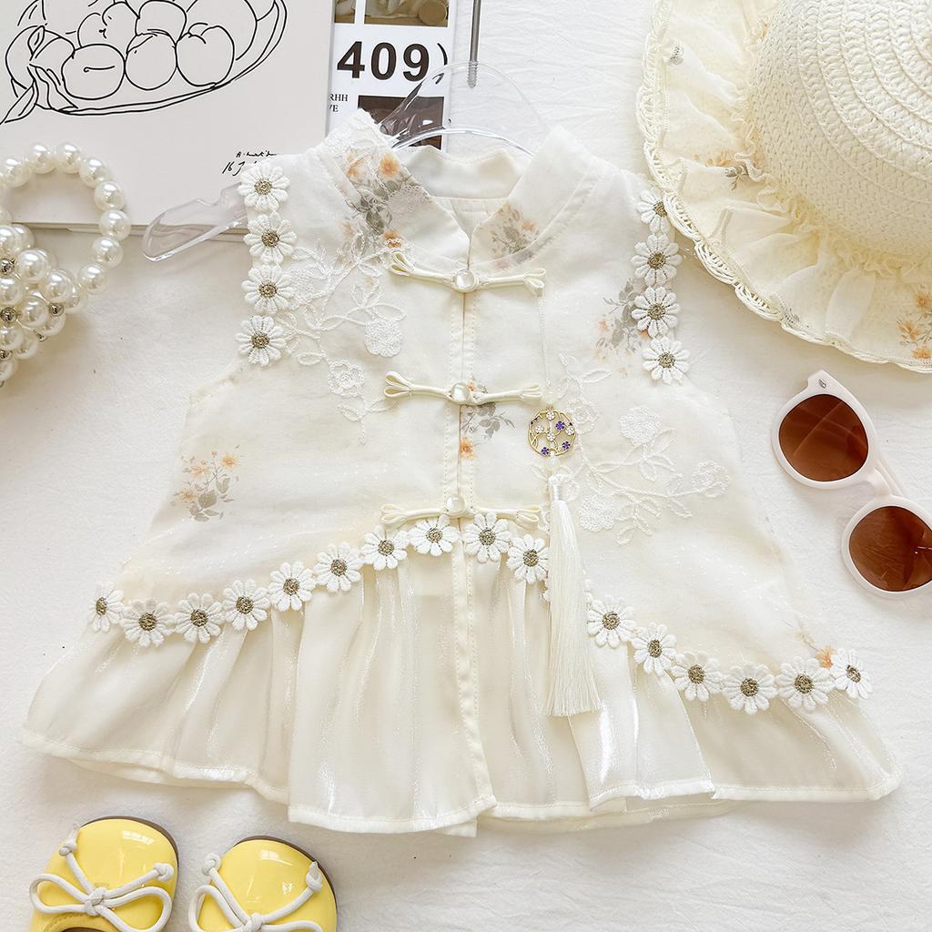 Summer Girls New Chinese Floral Sleeveless Shirt And Shorts Set Princess Casual Two Piece Outfit For Kids