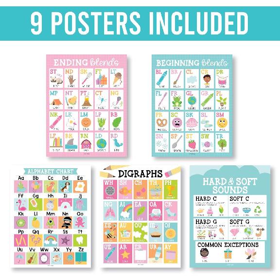 Hadley Designs Sound Wall Classroom Phonics Posters - Syllable Types Posters For Classroom Decor, Long and Short Vowel Sounds Chart, Digraphs and