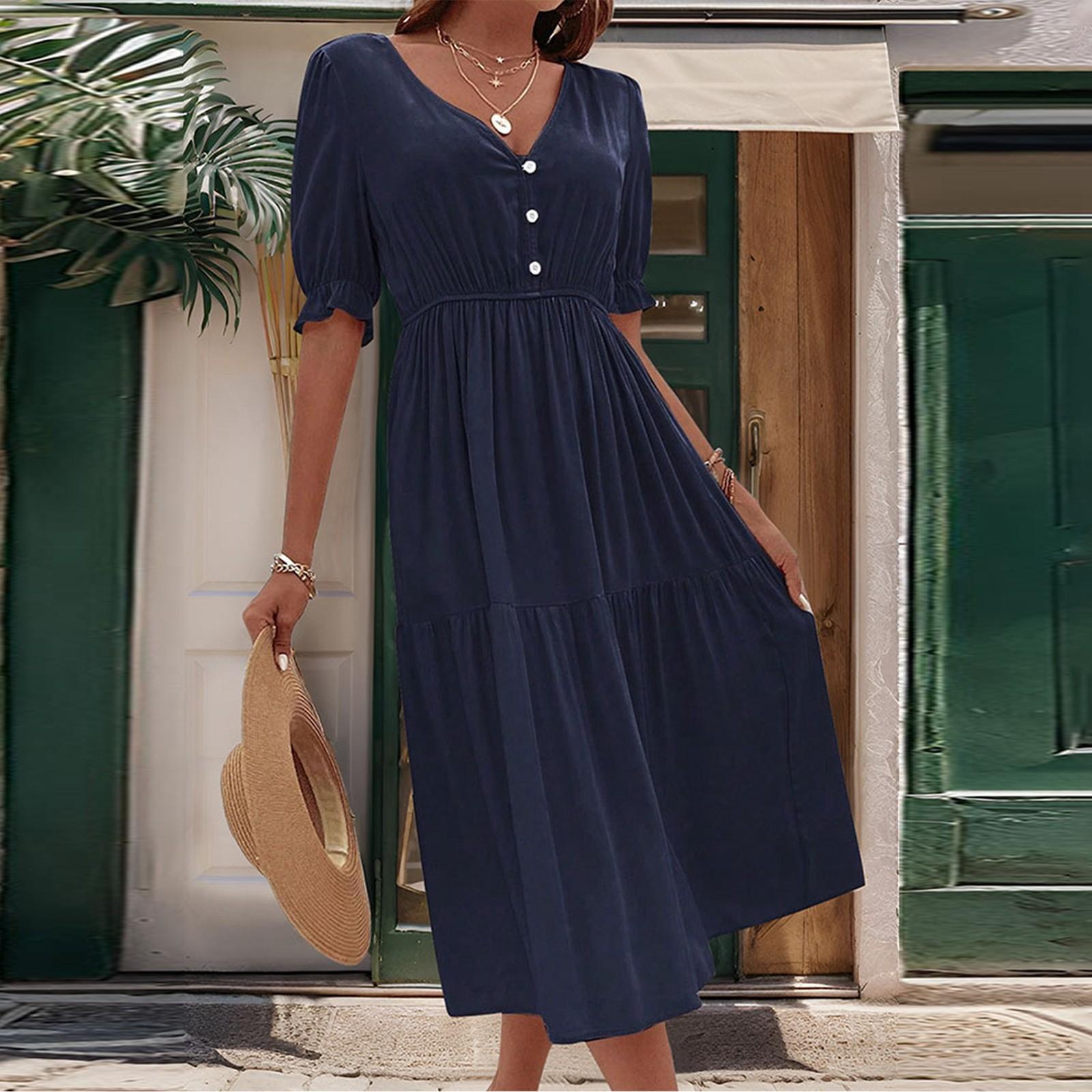 

Женское модное однотонное платье с короткими рукавами и V-образным вырезом на талии XL тёмно-синий