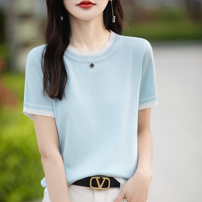 Women's Summer Thin Color Matching Round Neck Short Sleeve Knitted Bottom Top