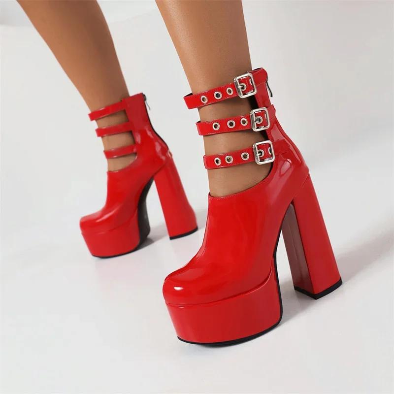 Gladiator Woman Platform Ankle Boots Triple Ankle Strap High Chunky Heel Fashion Red Patent Leather Punk Lady Zipper Short Boots