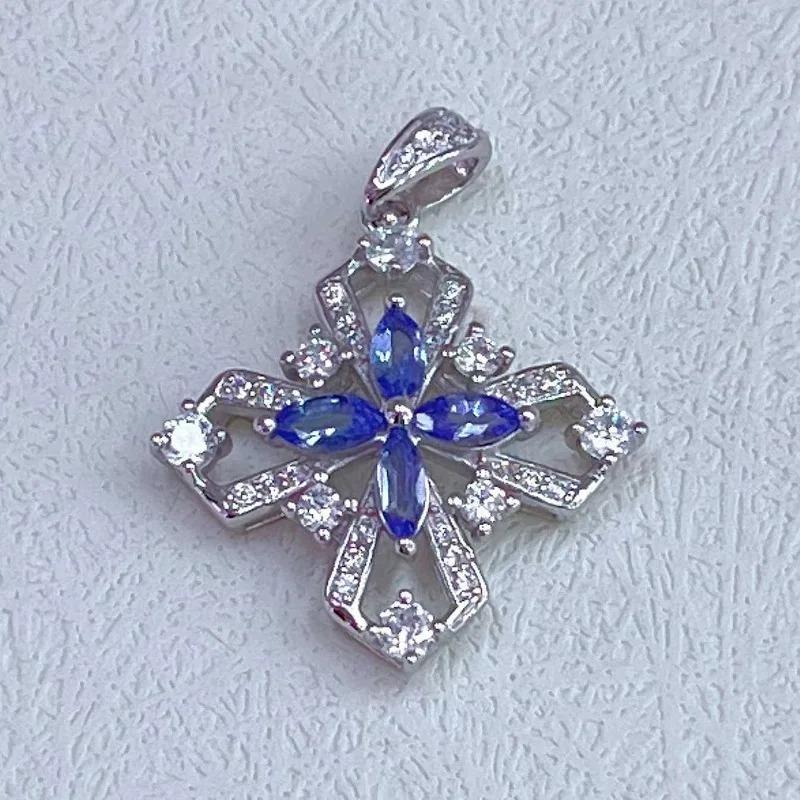SACE GEMS S925 Sterling Silver 2.5*5MM Natual Tanzanite Pendant Necklaces for Womne Engagement Cocktail Party Fine Jewelry