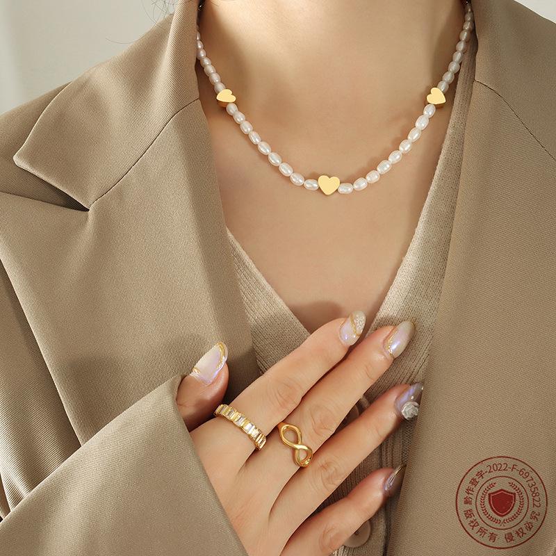 Korean Sweet Peach Heart & Pearl Titanium Necklace