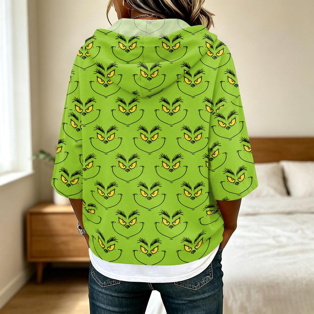 Women's 3/4 Sleeve Hooded Christmas Character Print T-Shirt, Casual Holiday Top