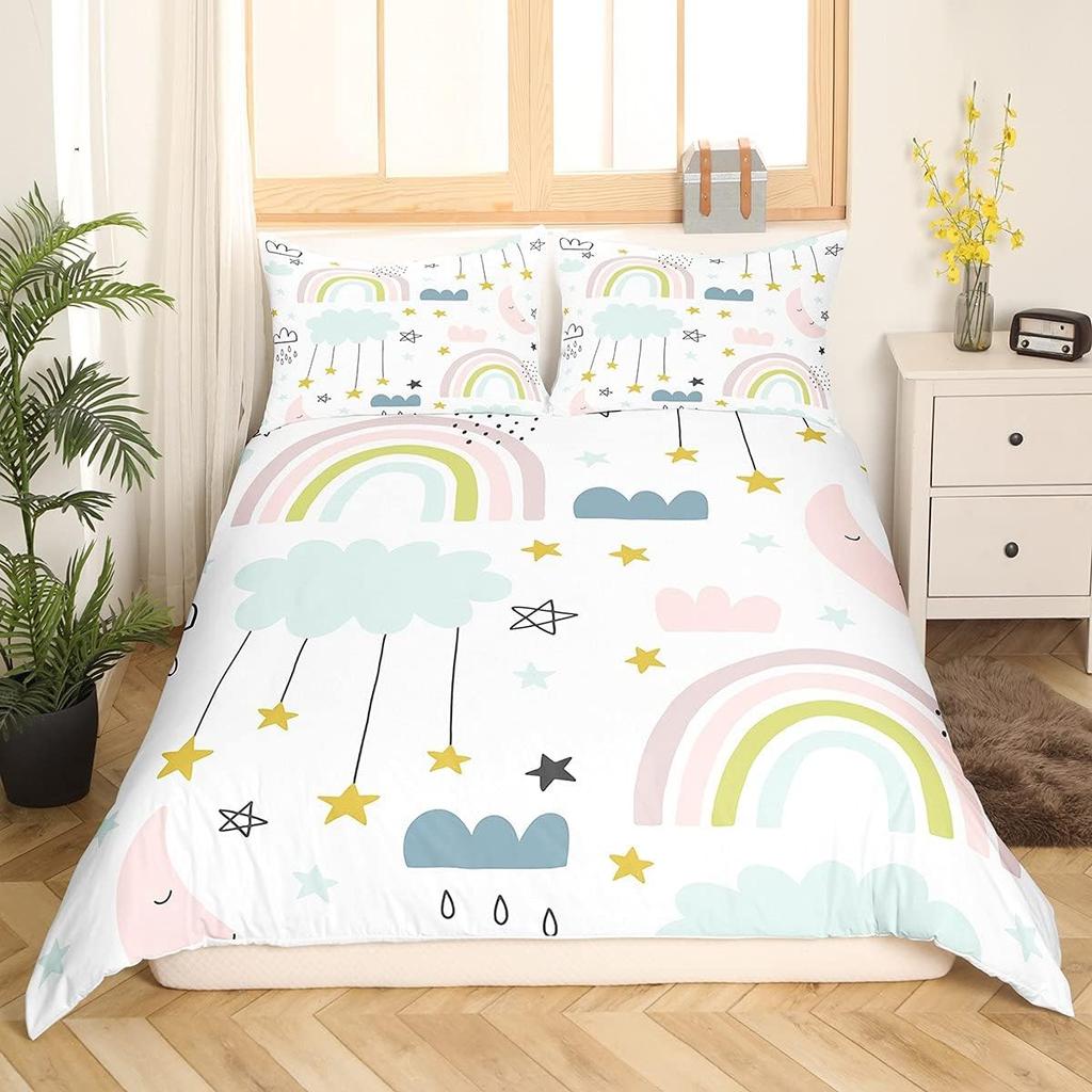 Kids Kawaii Duvet Cover Set Suitable For Girls And Boys Rainbow Moon Star Cute Cartoon Cloud Set Kids Bedroom Decoration 3Pcs