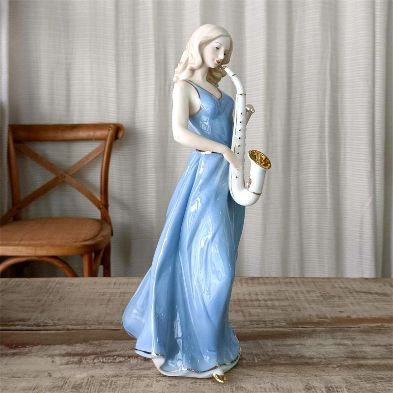 Ręcznie robiona Porcelanowa Figurka Saksofonisty Grającego na Ulicy Ceramiczny Muzyk Pubowy Saksofonistka Miniaturowy Muzyk Ozdoba Wystrój Pokoju Rękodzieło Prezent