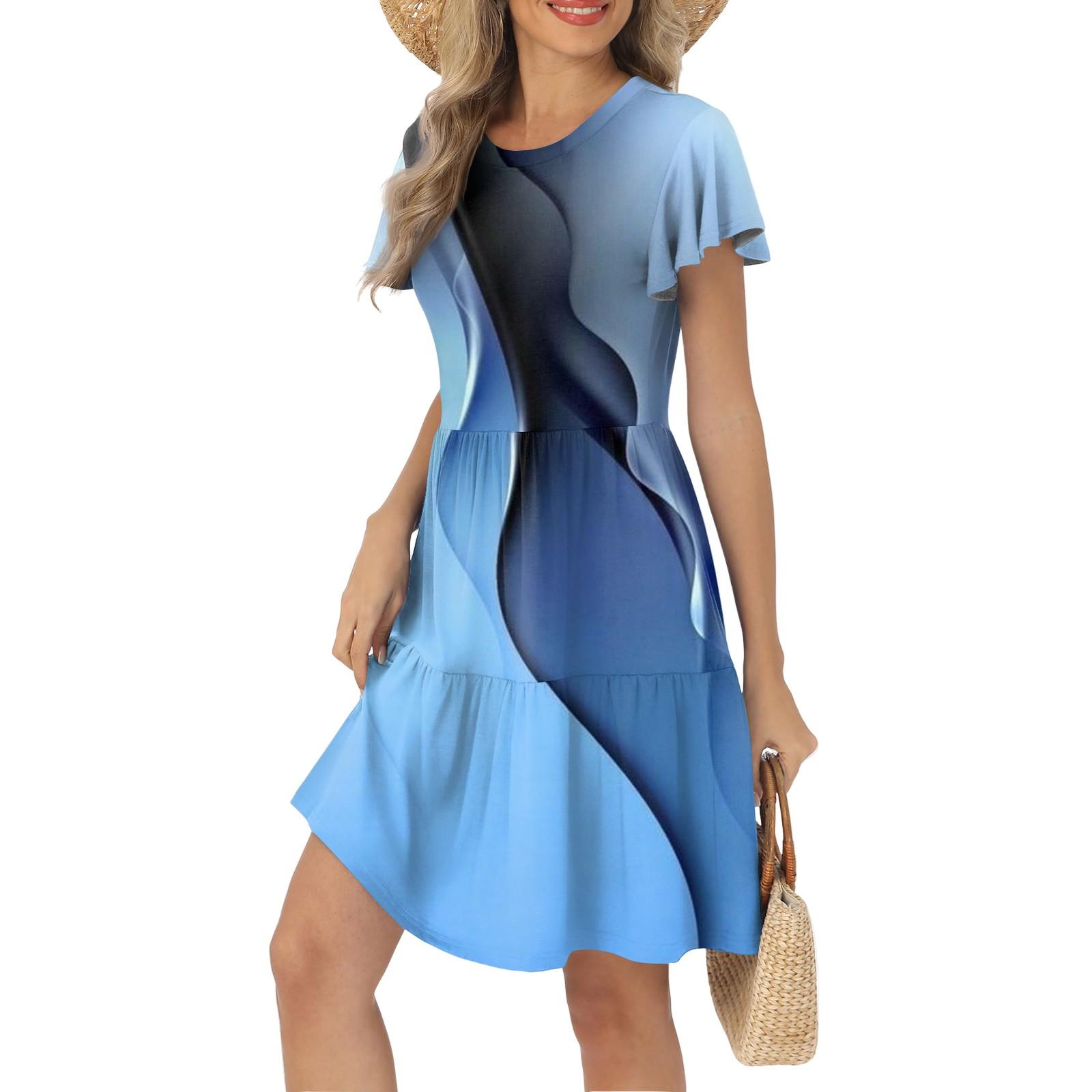 

Women s Summer Ruffle Sleeve Round Neck With Pockets Geometric Patchwork Printed Casual Dresses L світло-синій колір
