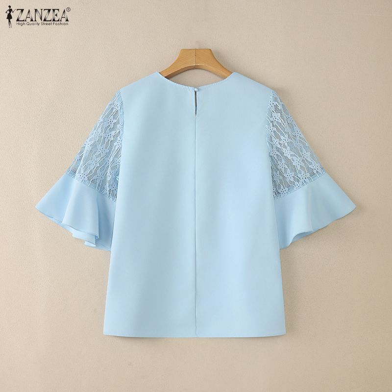 ZANZEA Women Lace Splice Half Sleeve Loose Casual Blouse
