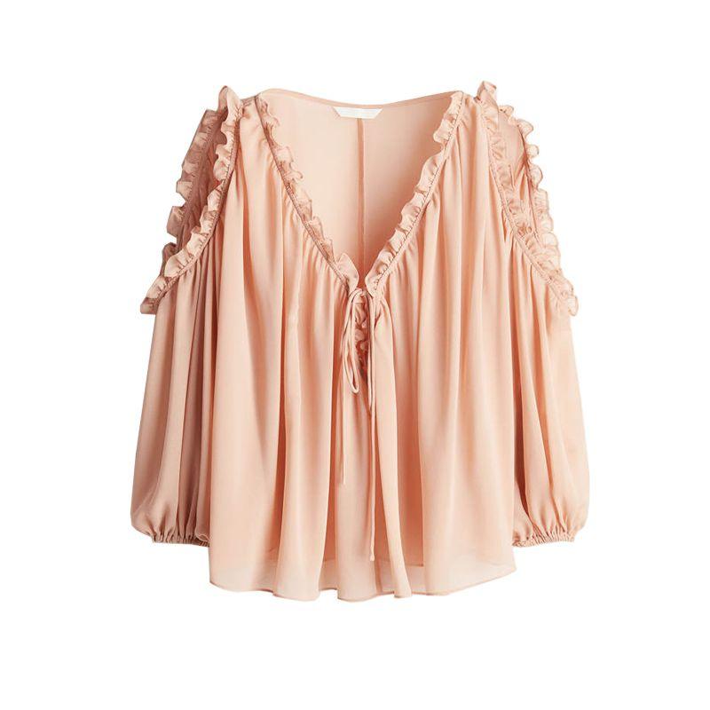 

Summer New Arrival Women s Clothing Sweet Fungus Long Sleeve V-neck Shirt Casual off-Shoulder Chiffon Tops 1289123 Soft pink L