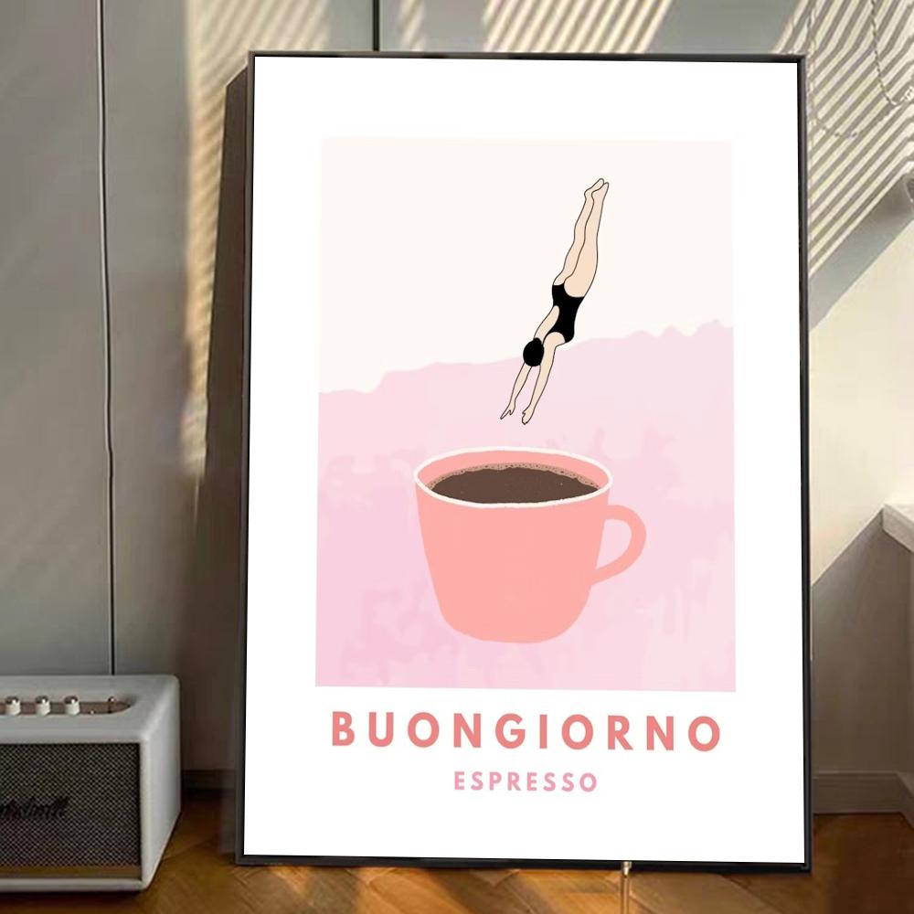 Coffee Cups funny Art Anime Posters Sticky HD Quality Wall Art Retro Posters for Home Kawaii Room Decor