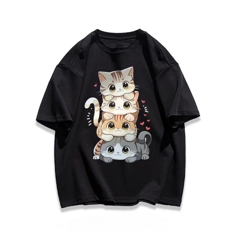 

New Summer Men and Women T-Shirt Cute Kitten Personality Trend Loose Casual Crew Neck Couple Short Sleeve Top 4XL