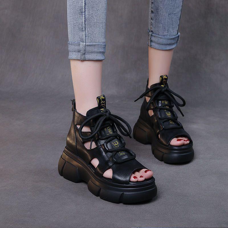 Thick-soled retro soft leather hollowed-out women's sandals 2025 summer muffin bottom middle heel fish mouth lace-up flat-soled sandals women